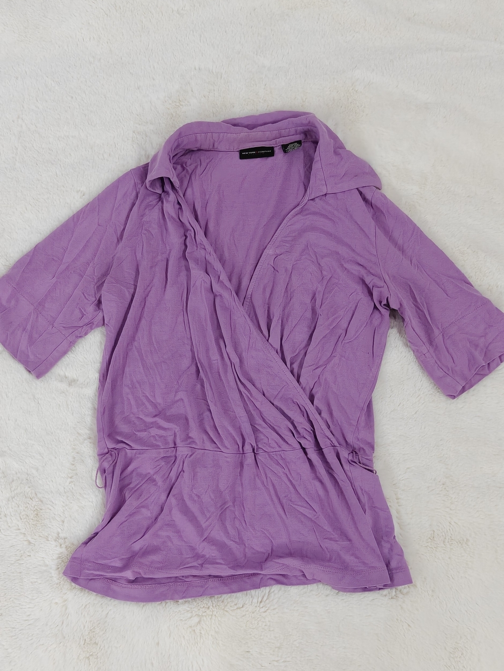 New York & Company Lilac Wrap-Front Short Sleeve Blouse S Purple